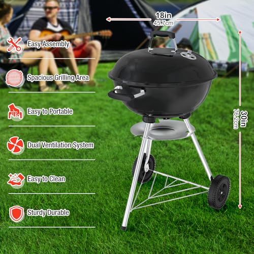 GRiliFE 18 inch Charcoal Grill, Portable Kettle BBQ Grills, Perfect BBQ Gift, Durable & Easy to Assemble, Round Barbecue Grill with Wheels and Lid for Outdoor Cooking, Patio and Beach, Black by GRILIFE - Image 3