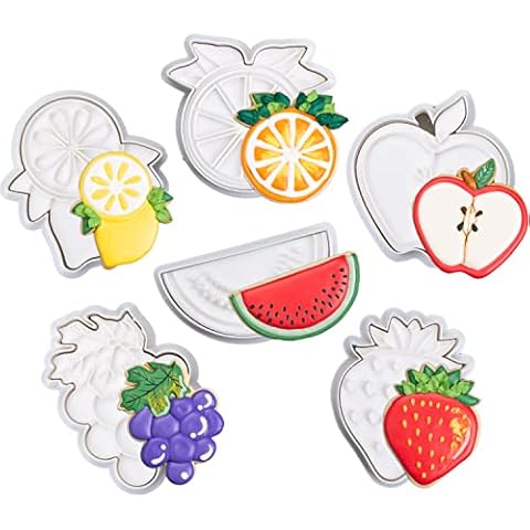 Flycalf Fruit Cookie Cutters Set of 6 with Plunger Stamps Lemon Orange Apple Banana Strawberry PLA Baking Cutter Molds 3.5" Kitchen Cake Supplies Cover