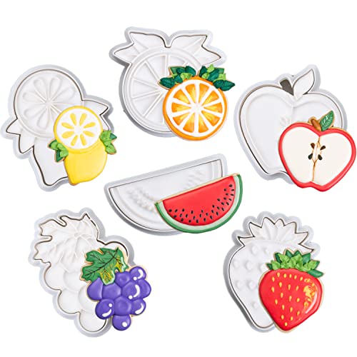 Flycalf Fruit Cookie Cutters Set 6 Pieces with Embosser Stamps3D Printed PLA Grape Lemon Watermelon Banana Cherry Pineapple Strawberry Blueberry Orange 3.5 Inch - Tutti Frutti Party Baking