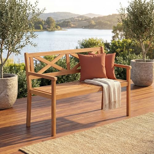 Image of Giantex 2-Person Outdoor Bench, 47 inch Patio Acacia Wood Loveseat with Slatted Seat, Armrests & X-Shaped Backrest, Wooden Garden Seating for Backyard, Porch, Deck, Poolside