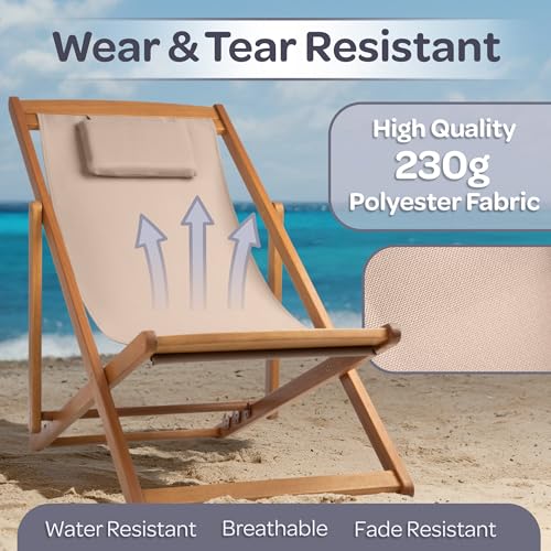 Beach Lounge Chair - Adjustable Height Reclining Sling Chair - Portable Wood Folding Chairs - Folding Lounge Chairs for Outside, Patio, Balcony, or Camping - Outdoor Furniture by Lavish Home (Beige) by Lavish Home - Image 3