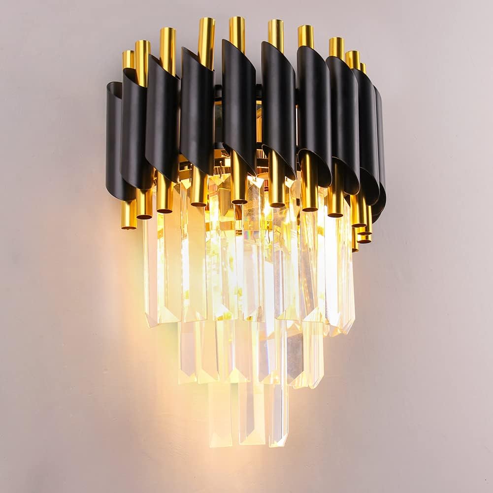 FRIXCHUR Crystal Wall Sconce Black Modern Lamp Mounted Light Fixture for Bedroom Bedside Living Room Hallway Bathroom 2X E12 Base