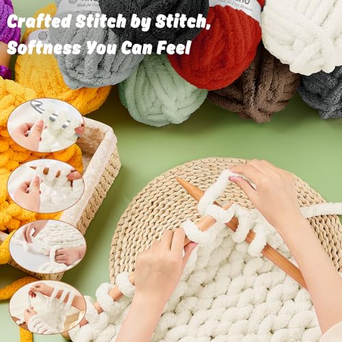 Image of Inhand Chunky Chenille Yarn for Hand Knitting, Thick Bulky Blanket Yarn for Crocheting, Soft Fluffy Yarn for Crochet Gifts & Crafts for Women /Beginners, 8 Pack (29.5 yds /8.4 oz Each), Ivory Cream