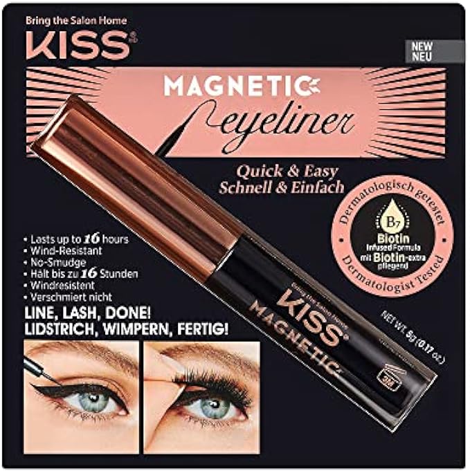 KISS Magnetic Eyeliner, Black, 0.16 Ounce, Smudge Proof, Biotin Infused, Free of Synthetic Fragrances, Dyes, Parabens, Petrochemicals, And Formaldehyde with Precision Tip Brush