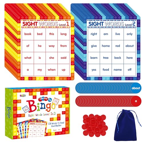 Sight Word Bingo Game, 120 Sight Words Learn to Read Level 1 & Level 2 Bingo Board Game Dolch’s & Fry’s Words Lists for Kindergarten and Preschool Kids 4-8, Perfect for Classroom & At Home