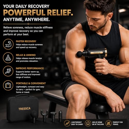 Image of Smart Recovery Massage Gun for Deep Tissue Muscle Relaxation & Post Workout Recovery | Portable Percussion Massager with 4 Massage Heads & Multiple Speed Levels