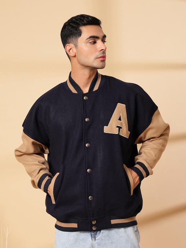 Image of CHKOKKO Men's Oversized Varsity Jacket with Snap Button Closure and Patch Design Trendy Comfortable Outerwear for College Travel and Casual Wear