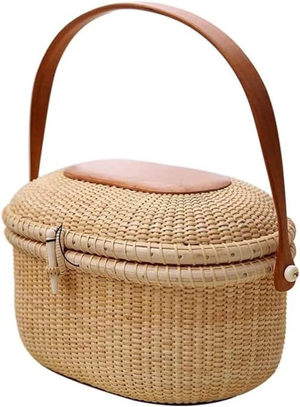 Home Garden Outdoors Picnic Baskets Picnic Basket with Lid Natural Woven Rattan with Wooden Handle Storage Basket for Outdoor Picnic Travel Shopping Camping Storage Picnic Baskets Hampers