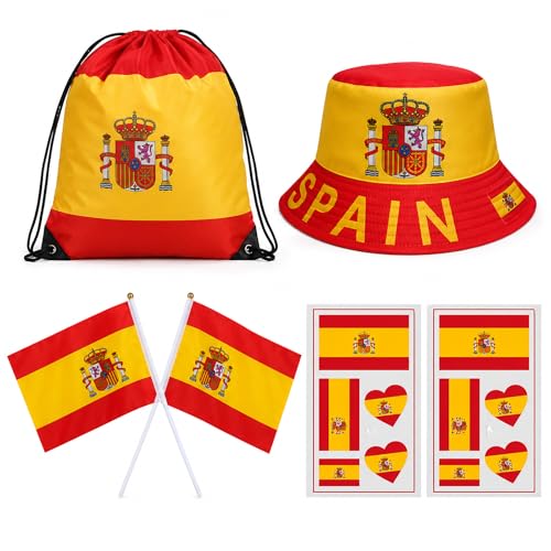 Kit Aficionado España con Gorro Pescador, Mochila de Cuerdas, Banderas de Mano y Tatuajes Temporales   Pack de Animación Rojo y Amarillo para Fiestas Deportivas, Partidos y Eventos de Fútbol 2026