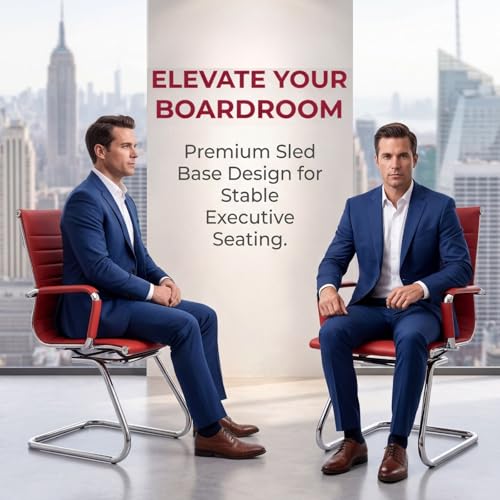 Image of Office Desk Chair Set of 4,No Wheels PU Leather Computer Chairs Mid Back Guest Chairs with Seld Base for School /Reception /Conference /Waiting Room, Burgundy Red