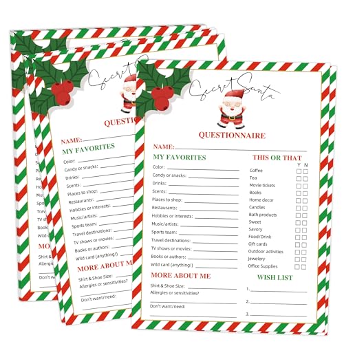 Secret Santa Questionnaire for Wish List Christmas Party Decorations, 25