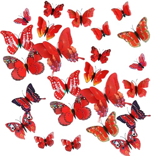 24PCS 3D Butterfly Wall Sticker,Double Layer Butterflies Decals for Walls,3D Butterfly Decorations for Home,Bedroom Accessories,Wedding,Party & Flower Decoration (Red)