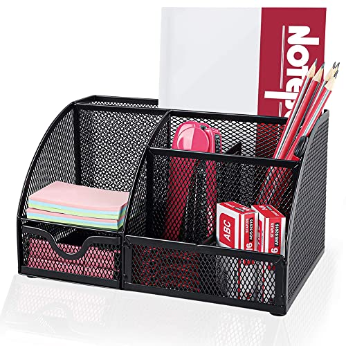ASAB Mesh Desk Organiser | Metal Mesh Office Desk Organiser With 6 Compartments 1 Drawer | Pen Holder And Mesh Desk Tidy | Metal Black Mesh Office Desk Top Table Organiser | Stationery Card Tidy