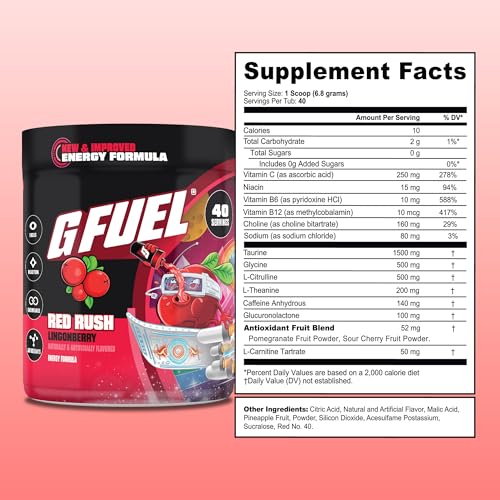 Image of G Fuel Red Rush 2.0 Energy Drink Powder, Pre Workout Caffeine Mix for Gaming, Sugar Free Focus Amino, Vitamin + Antioxidants, 9.6oz (Lingonberry, 40 Servings)