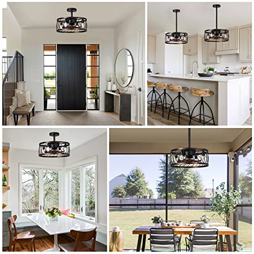 Rustic Hand-Swept Gold Paint Accents Sand Black Fandelier Ceiling Fans With Lights And Remote, Farmhouse Caged Semi-Flush Mount Ceiling Fan With Height Adjustment, Reverse Quite Motor For Indoor #TOP3
