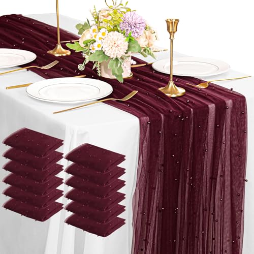 12 Pack 10FT Pearl Table Runner 30x120 Inch Burgundy Tulle