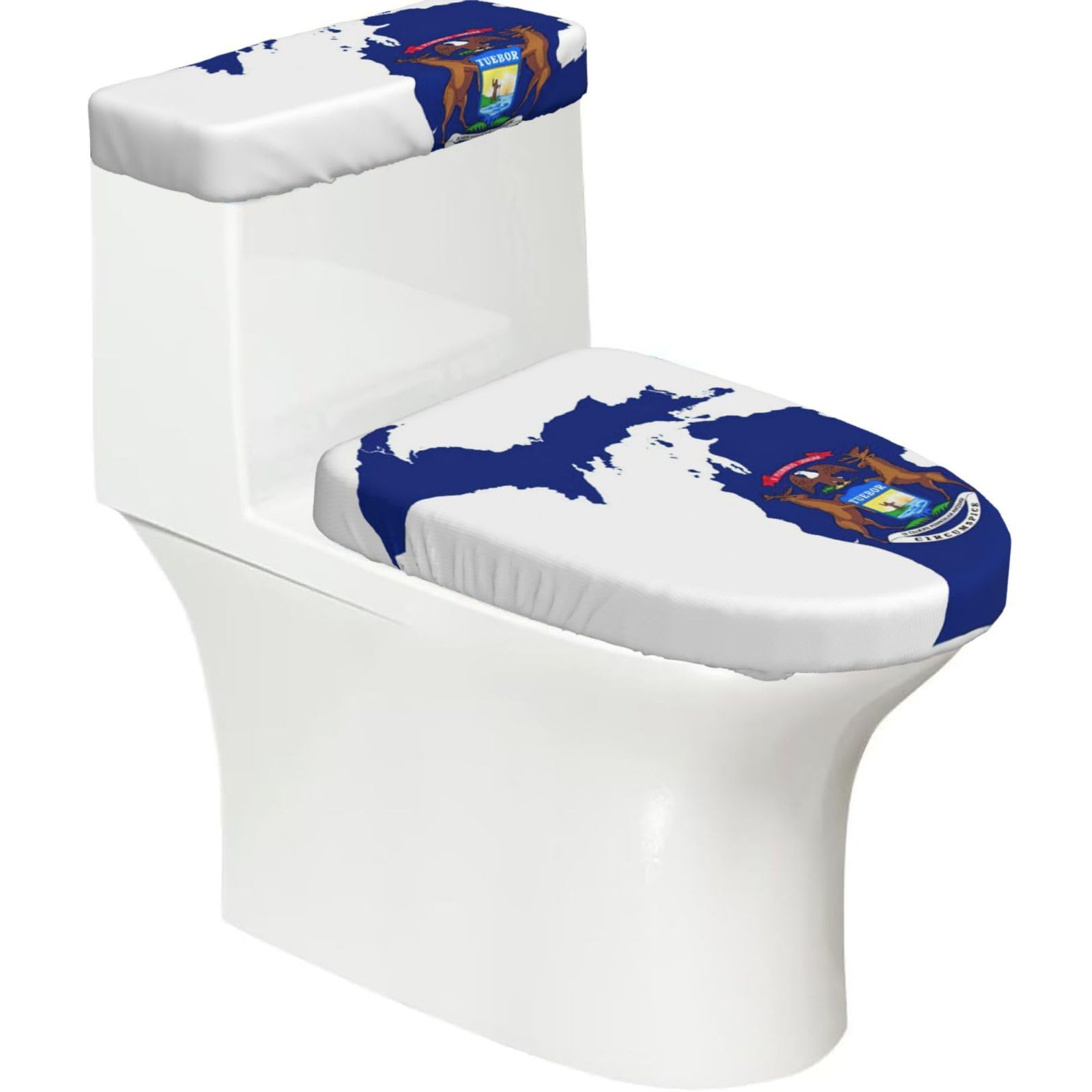 Michigan State Flag Map Print 2-Piece Stretch Toilet Cover Set, Elastic Breathable Toilet Seat and Tank Lid Protector