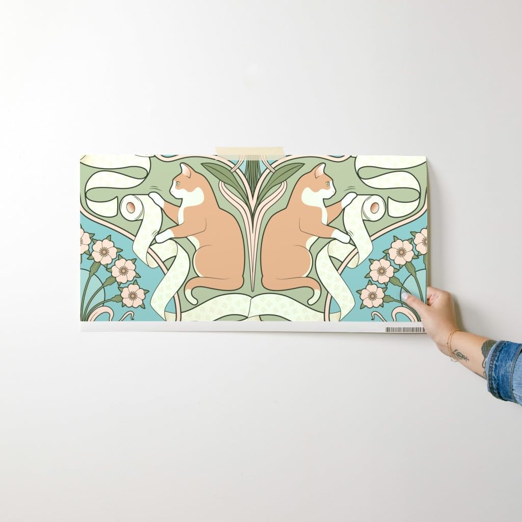 Spoonflower Peel & Stick Wallpaper Swatch - Whimsical Art Nouveau Deco Cat Toilet Paper Novelty Funny Floral Bathroom Modern Green Lover Lady Custom Removable Wallpaper