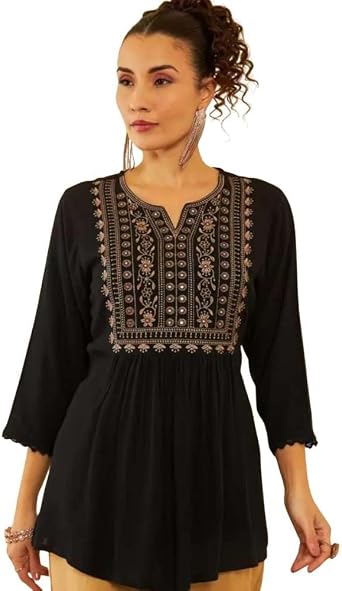 Womens Embroidered Viscose Rayon Tunic Top Boho Ethnic Kurta for Office, Casual, And Daily Wear