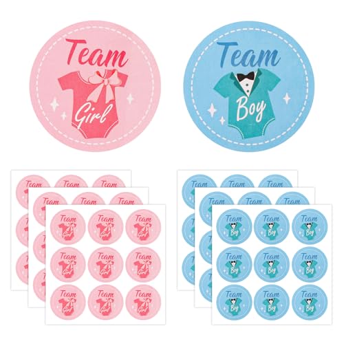 54pcs Autocollants Gender Reveal, 5 cm Autocollants Ronds Équipe Garçon ou Fille Étiquettes Bleues et Roses pour Baby Shower pour Enveloppe Jeux Cadeaux de fête Décoration (Bodysuit)