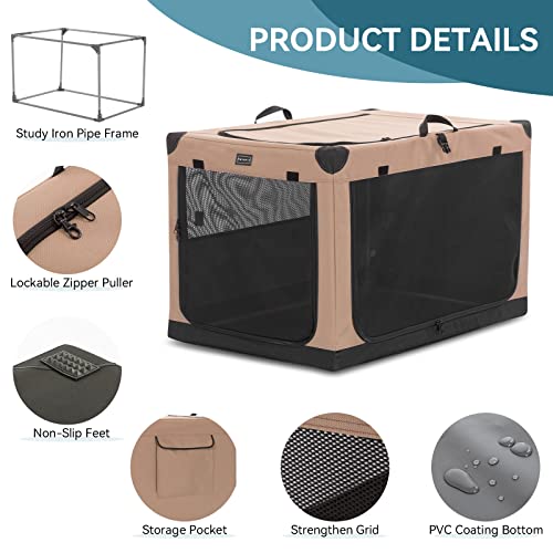 Petsfit Portable Dog Crate, 26" L X 19" Wx 18" H Adjustable Fabric Cover By Spiral Iron Pipe, Strengthen Sewing Collapsible Dog Crate 3 Door Design Khaki 26Inch #TOP4