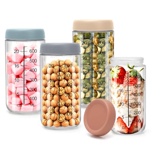 Wapasezyar 4 sztuki słoików do Meal Prep, 750 ml Overnight Oats, słoiki do przechowywania z pokrywką i skalą, okrągłe pudełka na przetwory, na jogurt, budyń, dżem i sałatkę