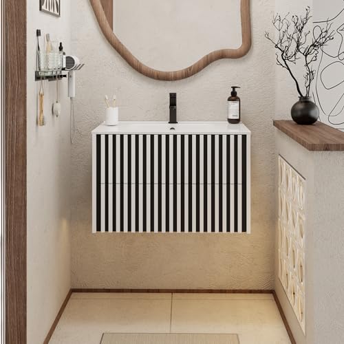 UEV Mueble de Baño 80CM Suspendido con Lavabo de Cerámica, Mueble Lavabo Incluido con 2 Cajones para Almacenaje, Moderno y Práctico, Blanco - imagen 2