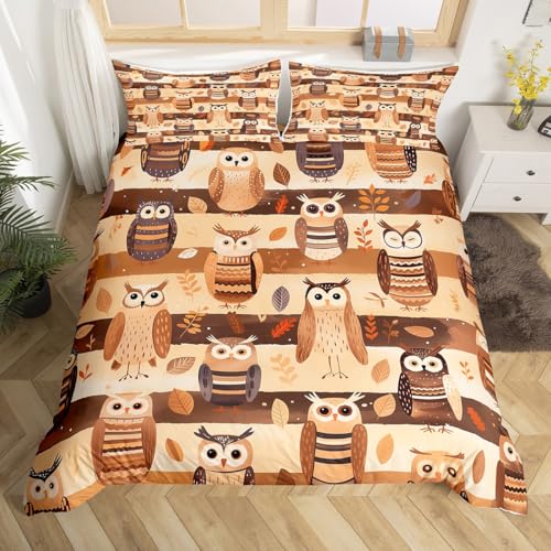 Feelyou Owl Duvet Cover King Size Kids 3D Animal Printed Stripes Comforter Cover Set for Boys Girls 