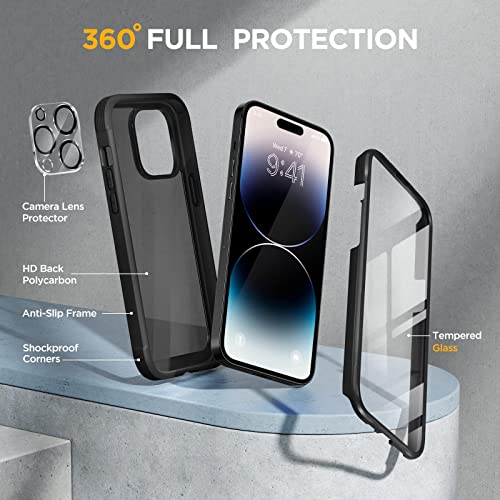 Image of miracase Glass Series Designed for iPhone 14 Pro Max Case 6.7 Inch, Upgrade Full-Body Bumper Case with Built-in 9H Tempered Glass Screen Protector, with Camera Lens Protector, Matte Black