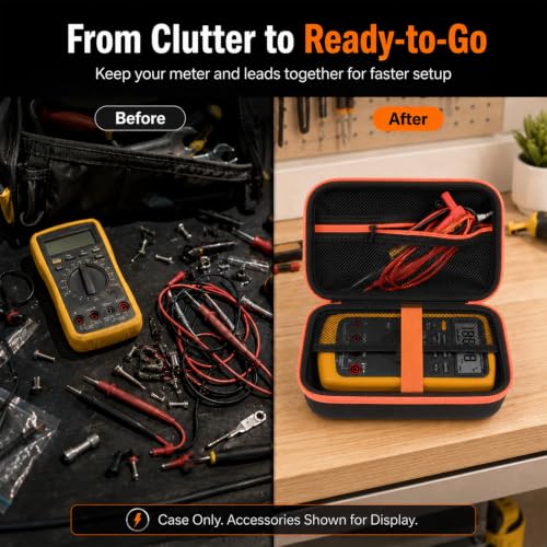 Image of Comecase Case for Fluke 87-V /88V /15B+ /17B+ Digital Multimeter | Hard Shell Carrying, Shockproof Protective Travel Storage Bag, Mesh Pocket for Accessories, Black + Orange Zipper