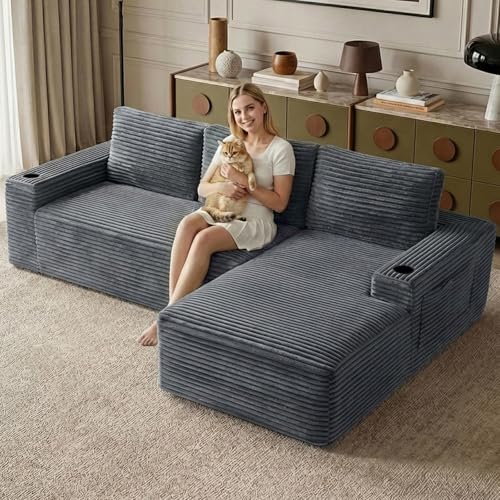 Image of 104.3 inch Modular Sectional Sofa,Modern Corduroy Cloud Couch with Cup Holder & Side Pockets,Boneless Couch Upholstered 4-Seater L-Shaped Sofa for Living Room,No Assembly (Dark Grey, Right-Facing Chaise)