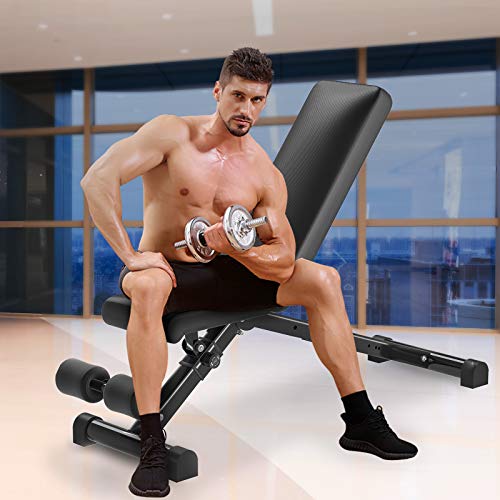 KFK Quick Assembling Adjustable Weight Lifting Benches Fitness Full Body Workout Benchpress Foldable Incline Decline Exercise Workout Bench for Home GYM Exercice with Leather Pad