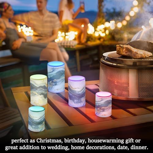 Image of Flickering Flameless Candles, Drak Blue Golden Marble LED Candles with Remote Timer, Set of 2 Battery Operated Candle for Valentine Wedding Birthday