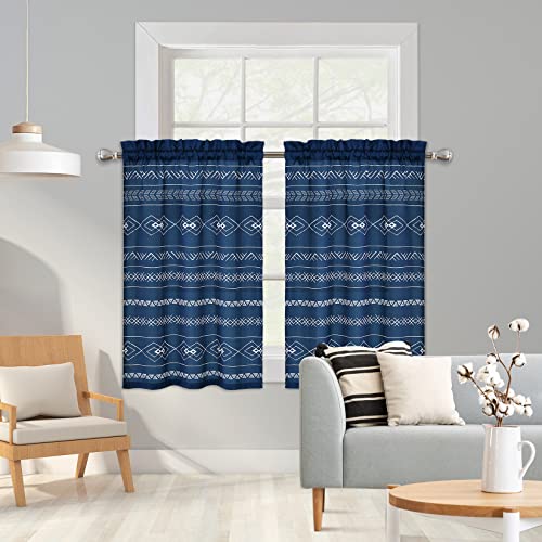 Caremee Kitchencurtains, 2 Panels Boho Geometric Farmhouse Tier Curtains Navy Blue Bohemian Printed Pattern Short Curtains Window Treatment, 26 × 30 Inch, Navy Boho #TOP6
