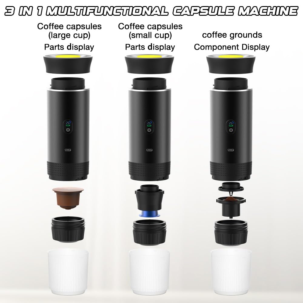 Cafetera Portatil 3 en 1, Cafetera Portatil Capsulas con Display de Temperatura, Batería Recargable USB-C 7500mAh, Máquina de Café Portátil para Cápsulas Pequeñas, Grandes y Café Molido