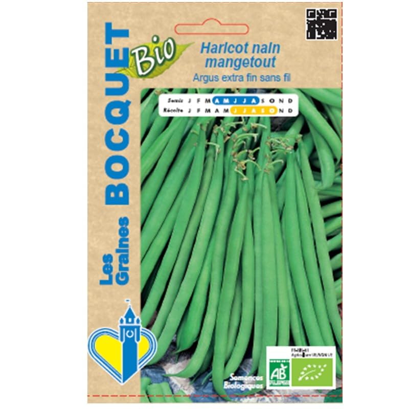 Sachet de graines de Haricot Nain Mangetout Argus Extra Fin Sans Fil- BIO- Certifié ECOCERT FR-BIO-01-60 g - Les Graines Bocquet