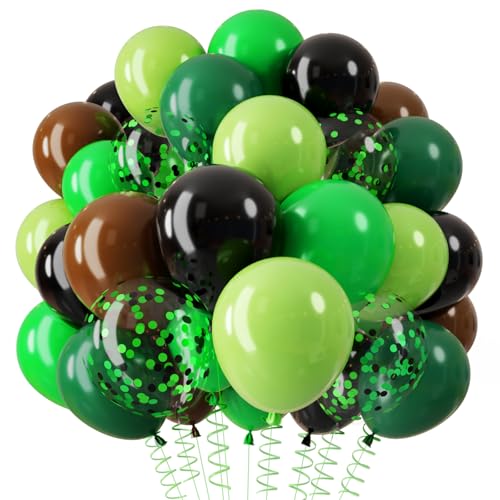 QIFU Green and Brown Balloons 12Inch Dark Green Brown Balloons with Confetti Balloon for Men Boys Birthday Dinosaur Balloon Woodland Jungle Theme Party Decorations Miner Gaming Theme
