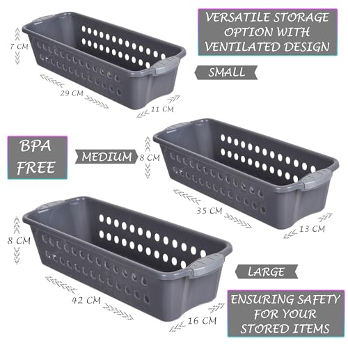 Image of Heart Home Pack of 3 Storage Basket | Storage Organizer for Kitchen-Refrigerator-Vegetables-Stationery | Multipurpose Cabinet Shelf Rack | Storage Box for Kitchen | S-M-L | Gray