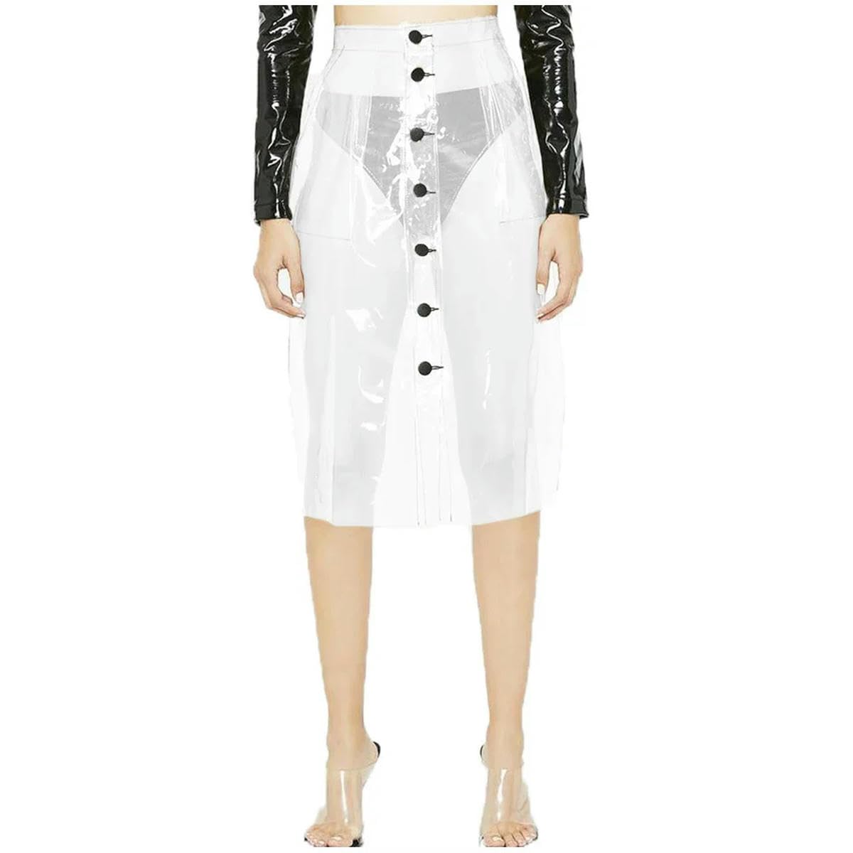 Falda de tubo transparente con botones hasta la rodilla para mujer, cintura alta, bolsillos de PVC, personalizables, blanco, M