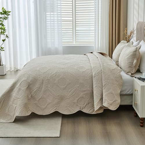 Image of Kingnex Oversized King Bedspreads 128x120 for Extra Wide Tall King or Cal King Bed Ultrasonic Quilted Coverlet Set 3 Piece Include 1 Quilt 2 Pillowcases Beige