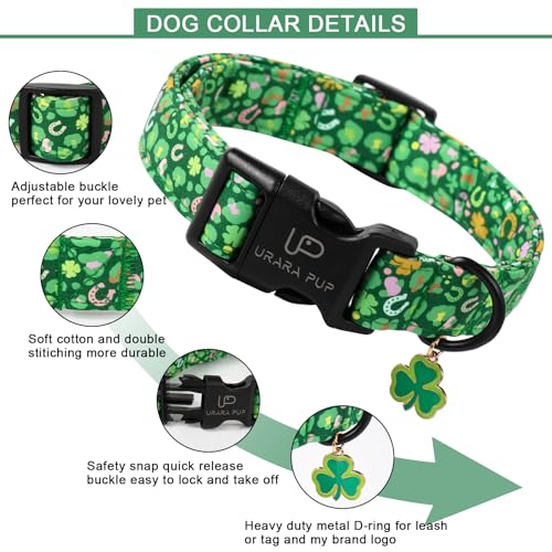 Image of St. Patrick's Day Dog Collar, Cotton St. Patricks Day Clover Collar for Puppy Girl Boy Dog or Cat, Lucky Shamrock Dog Collar with Metal Buckle, Green, Spring, XS, Neck 8-12in