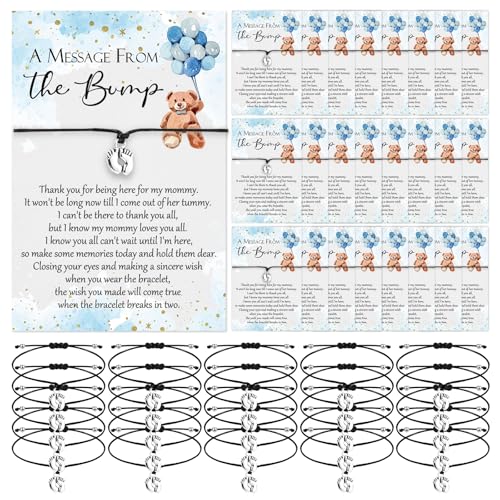 Thyle 50 Set Blue Bear Baby Shower Favors for Guests Adjustable Bracelets with Message from the Bump Card Footprints Charm Baby Shower Bracelets for Gender Reveal Thank You Gifts