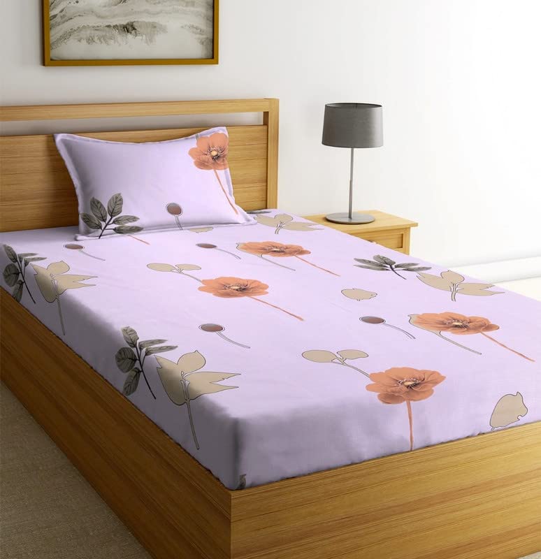 Image of NHD HOME Premium Glace Cotton 180 TC Flat Single Bedsheets for Summer Breathable | Wrinklefree (Size-60 X 90 Inch) with 1 Pillow Covers (Size-17 X 27 Inches, Pinkished Flower Printed)