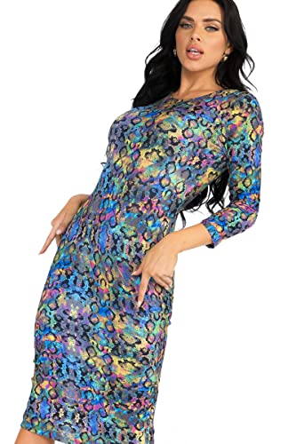 Image of ICONOFLASH Women's 3 /4 Sleeves Midi Bodycon Dress Crew Neck Fitted Dresses with Plus Size Options