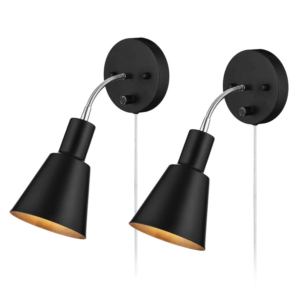 EE Eleven Master Electric Lamp Fixture, Adjustable Arm Wall Lamp,Black Plug in Cord Modern Wall Sconce with On/Off Switch,Bedroom,Living Room,Office (2 Lights)