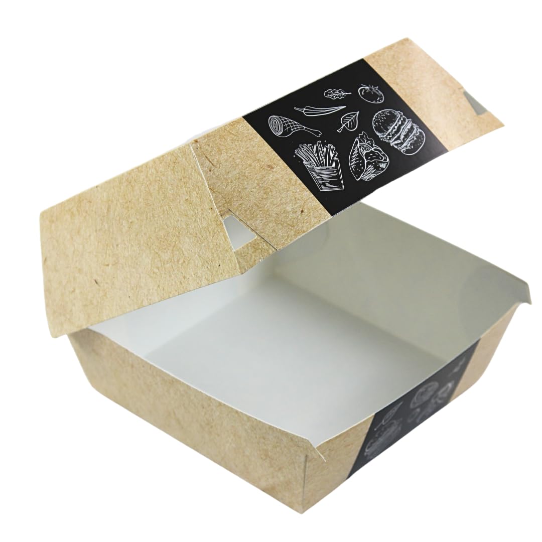 Enpack Burger-Boxen aus Kraftpapier Beige – 100 Stück – 13,5 × 13,5 × 9 cm – Einweg Burger-Schalen mit Klappdeckel, innen beschichtet – Snackbox To Go für Burger, Sandwich & Pommes