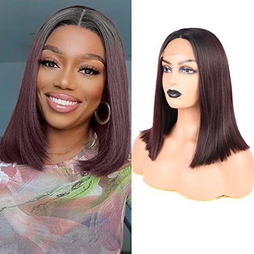 Ombre Synthetic Lace Frontal Wigs Black to Wine Red 12 Inch Short Lace Front Bob Wigs for Women #1b/99j Middle Part Straight Wig Glue less Heat Resistant Fiber Hair Synthetic Wig