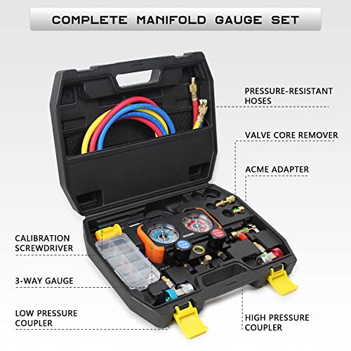 BACOENG HVAC Gauges with Hoses Set for R134A R410A R404A and R22, AC Gauges with Anti-Shock Pressure Gauge Works on Car Freon Charging and Air Conditioning, with Couplers & Adapter, Black Case - Thumbnail 2