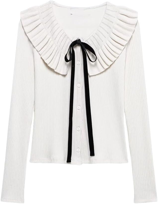 Women’S Sweet Lapel Slimming Knitted Cardigan with Black Lace-Up Decoration Sweater Coat