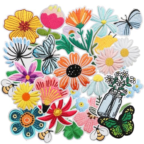 32 Pcs Spring Themed Iron on/Sew on Patches Cute Flower Butterfly Embroidered Applique Patches Clothes Backpacks Hats Pants Jackets Jeans Decoration DIY Accessories